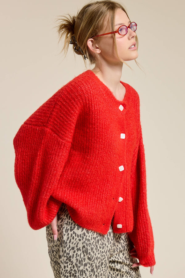 Balloon Sleeve Knit Cardigan-Blue Hand Home