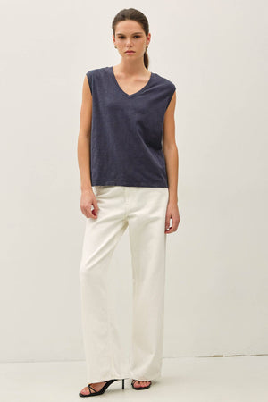 GARMENT DYE COTTON SLUB V-NECK BOXY TANK TEE-Blue Hand Home