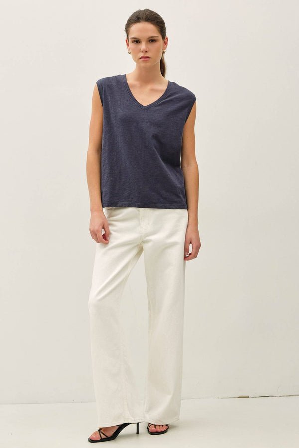 GARMENT DYE COTTON SLUB V-NECK BOXY TANK TEE-Blue Hand Home