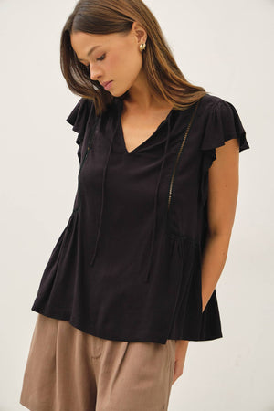 TIE FRONT RUFFLE SLEEVE TOP-Blue Hand Home
