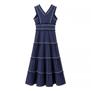 Stylish V-Neck Tassel Panels With Swing Maxi Dresses-Blue Hand Home