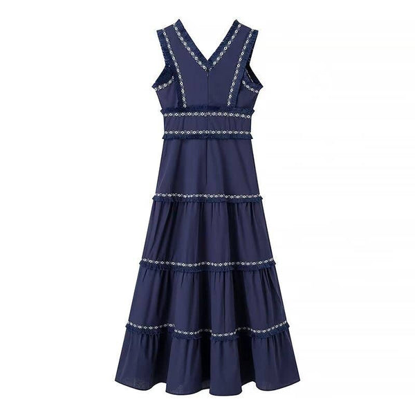Stylish V-Neck Tassel Panels With Swing Maxi Dresses-Blue Hand Home