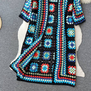 BOHO Color Blocks Crochet Cardigan long maxi cover-up-Blue Hand Home