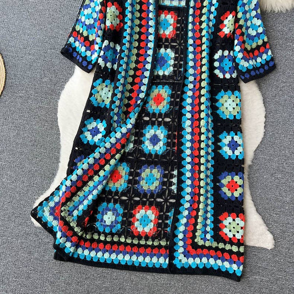 BOHO Color Blocks Crochet Cardigan long maxi cover-up-Blue Hand Home