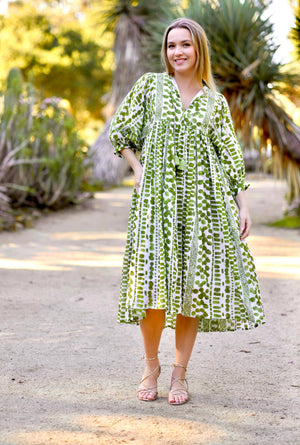Mylah Midi Dress Block Printed Green-Blue Hand Home
