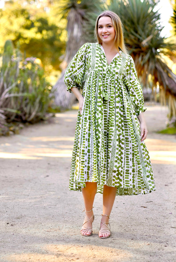 Mylah Midi Dress Block Printed Green-Blue Hand Home