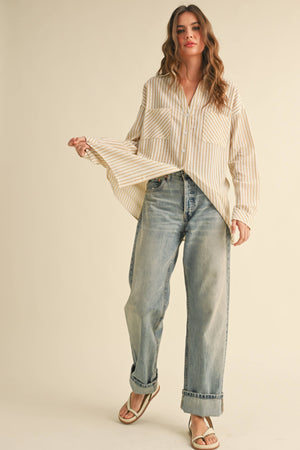 T5276 Striped Pattern Button Down Shirts-Blue Hand Home