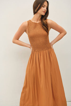 Smocked Bodice Boatneck Tank Midi Dress-Blue Hand Home