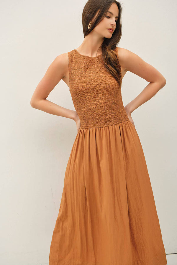 Smocked Bodice Boatneck Tank Midi Dress-Blue Hand Home