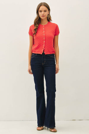 POINTELLE STITCH SHORT SLEEVE CARDIGAN-Blue Hand Home