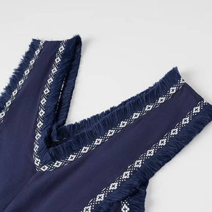 Stylish V-Neck Tassel Panels With Swing Maxi Dresses-Blue Hand Home