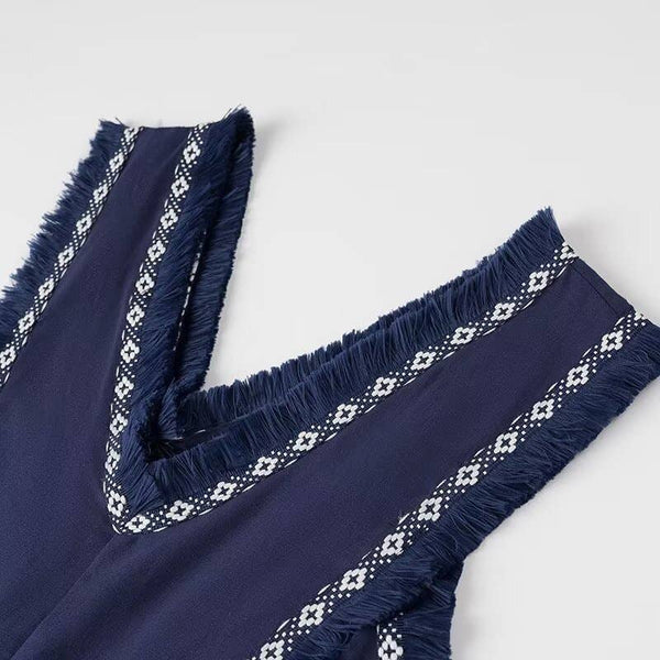 Stylish V-Neck Tassel Panels With Swing Maxi Dresses-Blue Hand Home