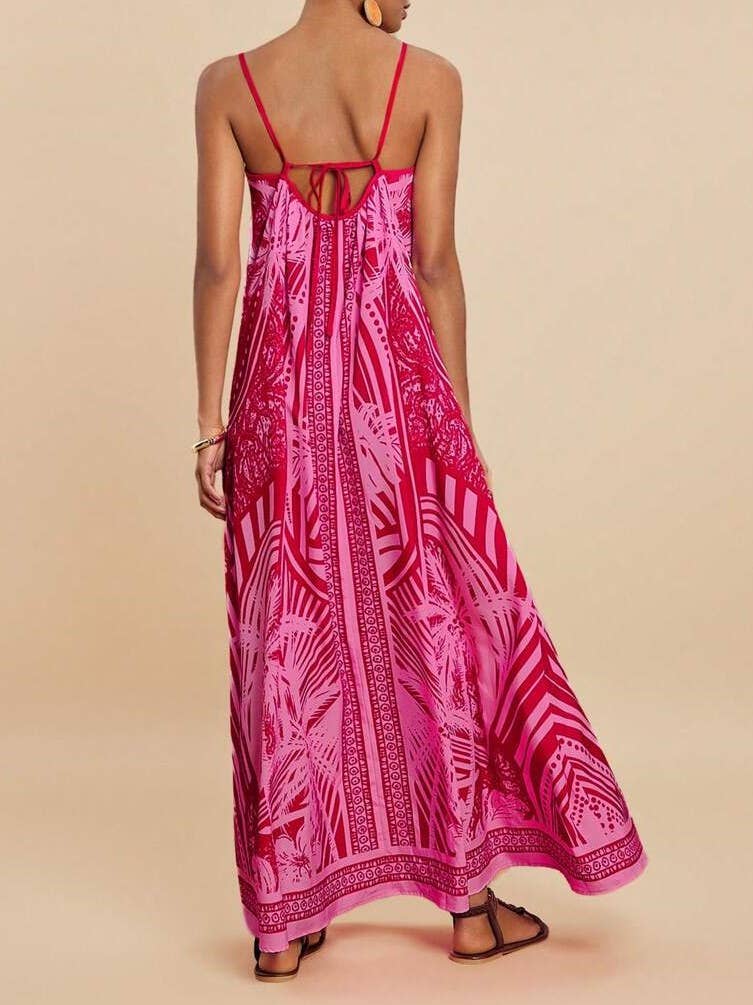 Tropical palm print swing maxi strappy dress in fuchsia-Blue Hand Home