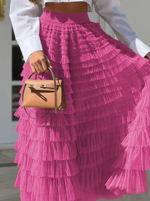 Elastic waist ruffle tulle maxi skirt-Blue Hand Home