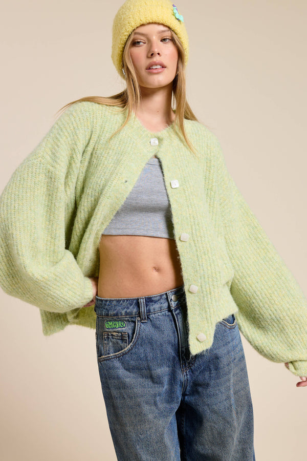 Balloon Sleeve Knit Cardigan-Blue Hand Home
