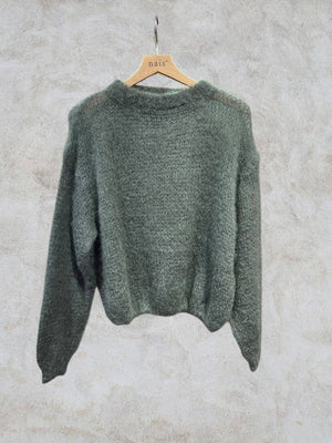 Round neck long sleeve sweater in 80% kid mohair: Navy Blue / One size-Blue Hand Home