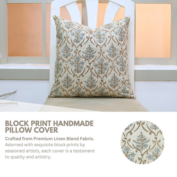 Block Print Handmade Linen Blend Pillow Cover- Vishal Pushp-Blue Hand Home
