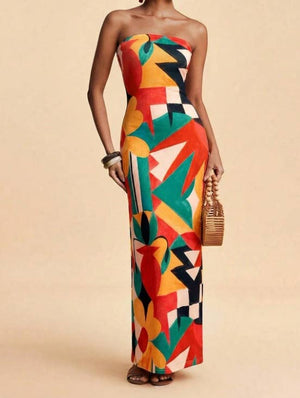Tropical Floral Print Strapless Maxi Dress Tube Dress-Blue Hand Home