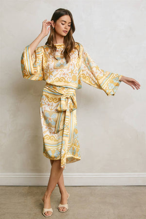 Conversational Scarf Satin Sash Kaftan Dress-Blue Hand Home