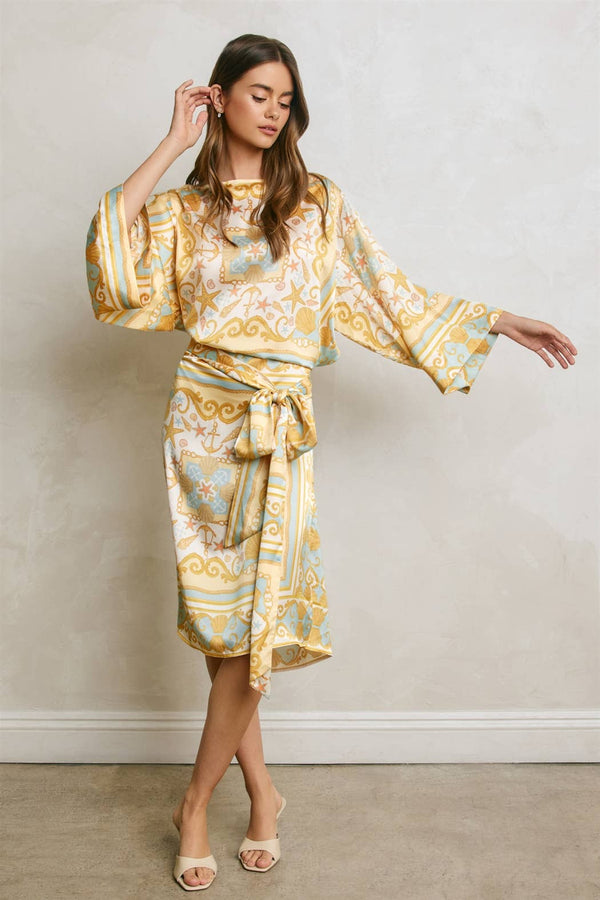 Conversational Scarf Satin Sash Kaftan Dress-Blue Hand Home
