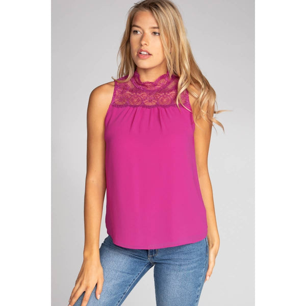 Halter Mock Neck With Lace Trim-Blue Hand Home