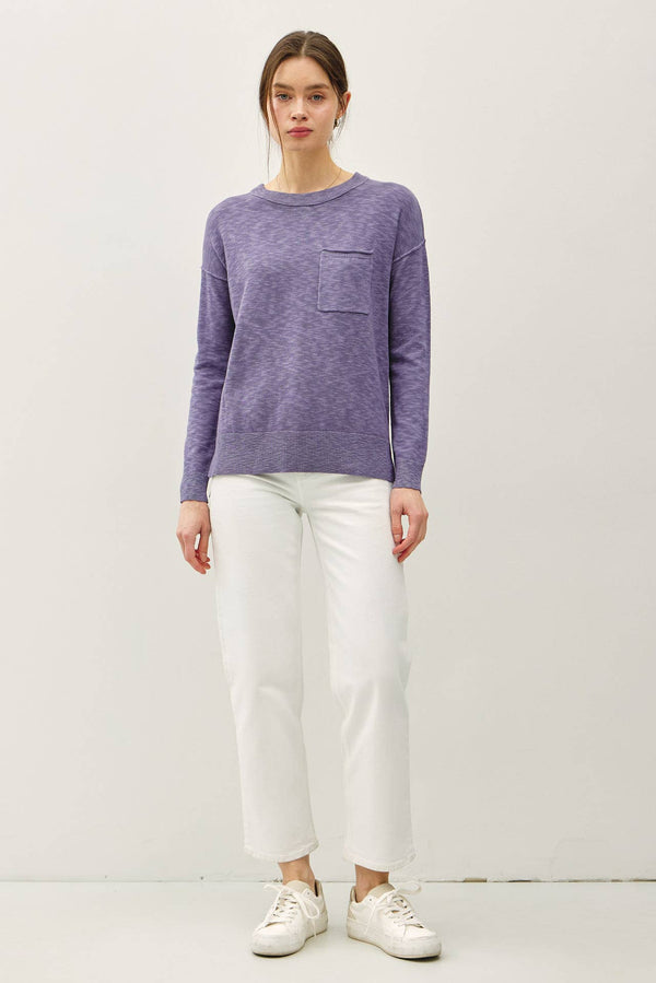 SLUB YARN ROUND NECK SWEATER WITH CHEST POCKETS-Blue Hand Home