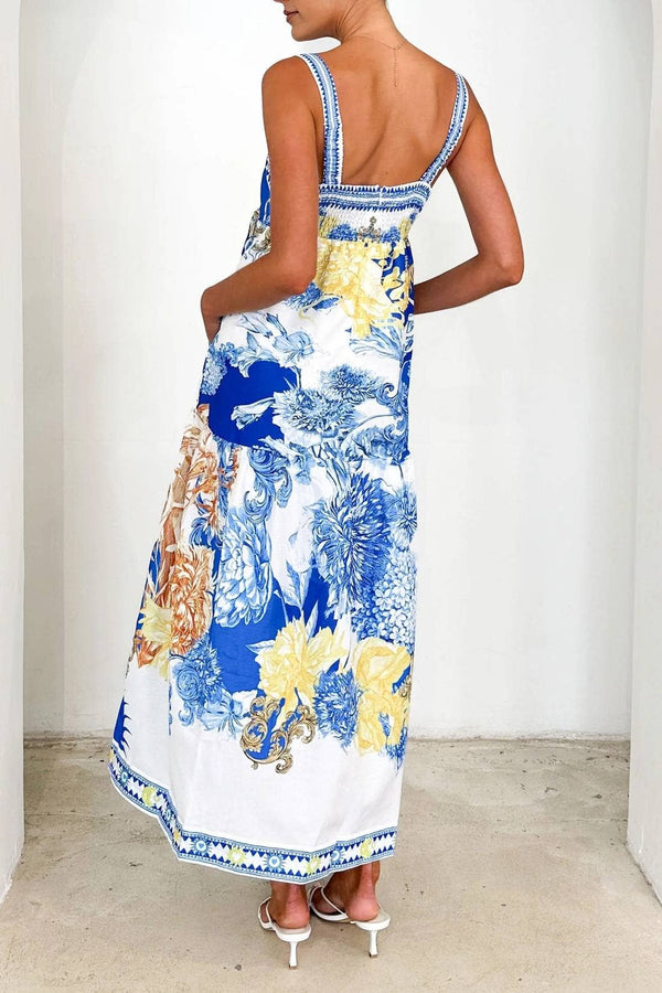 Chrysanthemum Floral Toile sleeveless flare swing dress-Blue Hand Home