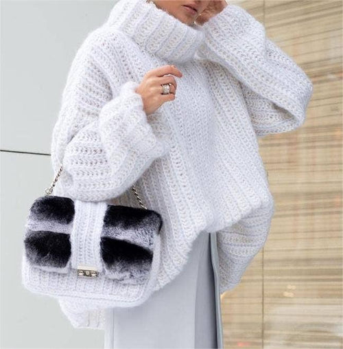 Knitted fluffy turtleneck sweater-Blue Hand Home
