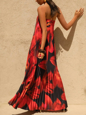 Bergamot Floral Pleated Sweetheart Neck Maxi Dress-Blue Hand Home