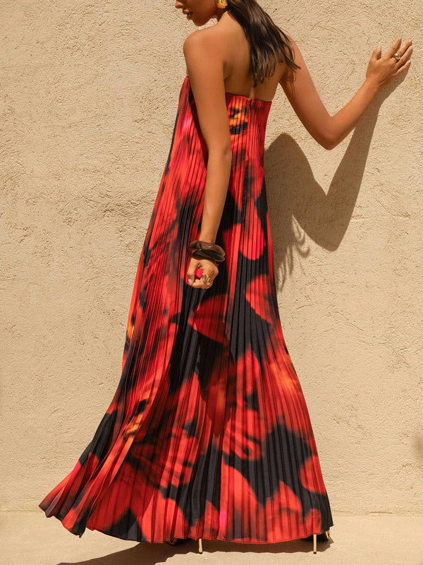 Bergamot Floral Pleated Sweetheart Neck Maxi Dress-Blue Hand Home