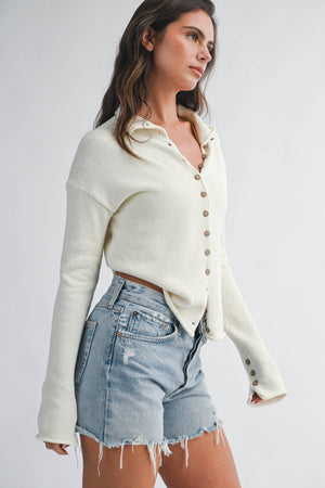 5221HK Button Front Cropped Knit Cardigan-Blue Hand Home