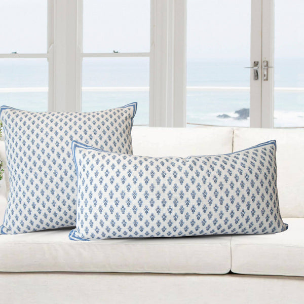 Celeste Blue Mughal Flower Lumbar Pillow Cover – Decorative-Blue Hand Home