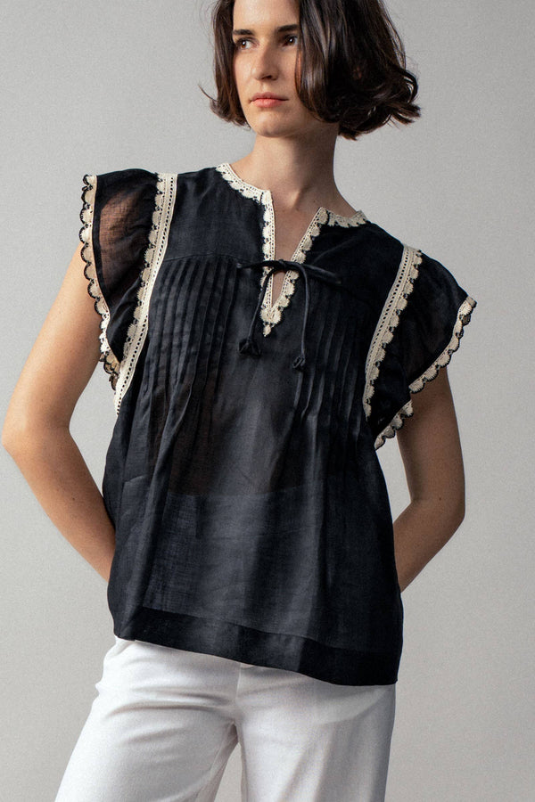 Vintage Lace Flutter Sleeve Woven Top-Blue Hand Home