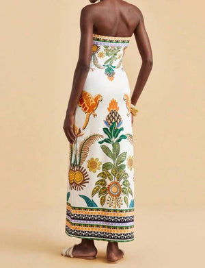 Tropical Floral Print Strapless Maxi Dress Tube Dress-Blue Hand Home