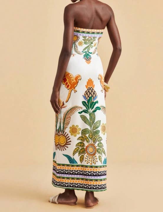 Tropical Floral Print Strapless Maxi Dress Tube Dress-Blue Hand Home