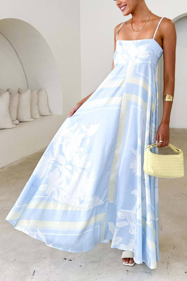2025 Tropical botanical Floral thin strap flare swing dress-Blue Hand Home