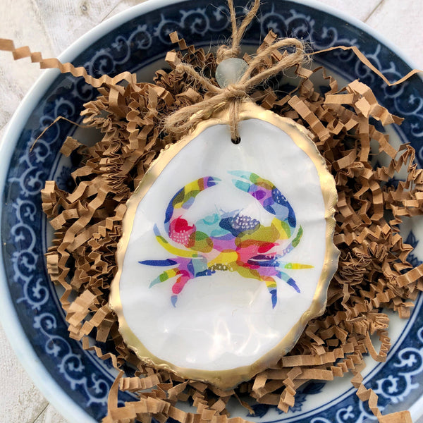 Decoupage Oyster Ornament | Watercolor Crab-Blue Hand Home