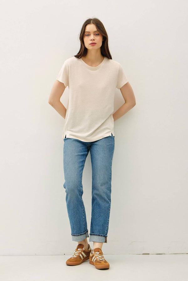 LINEN CLASSIC ROUND NECK SPLIT HEM T-SHIRT-Blue Hand Home