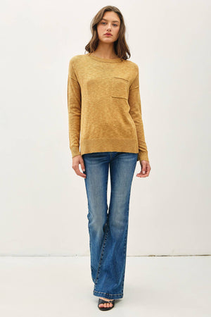 SLUB YARN ROUND NECK SWEATER WITH CHEST POCKETS-Blue Hand Home