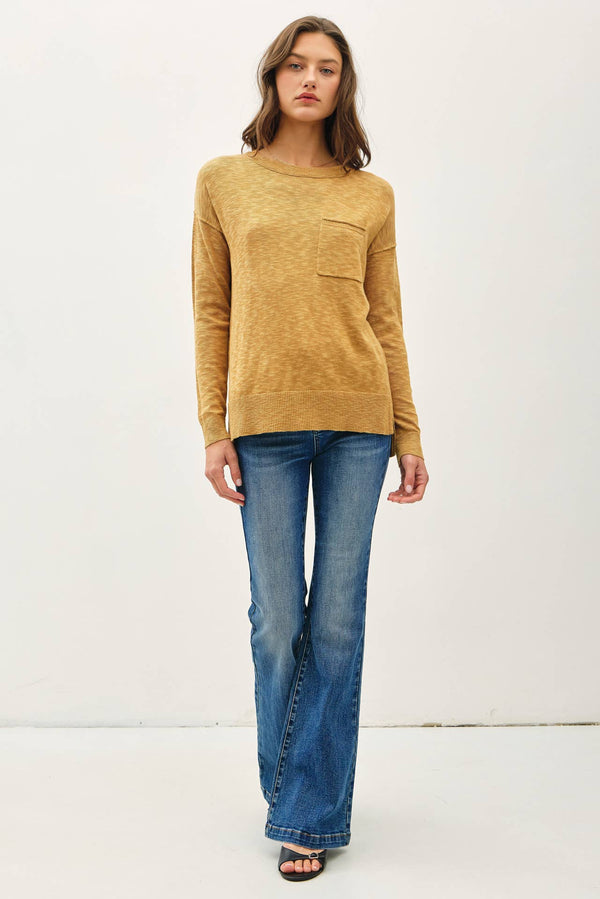 SLUB YARN ROUND NECK SWEATER WITH CHEST POCKETS-Blue Hand Home