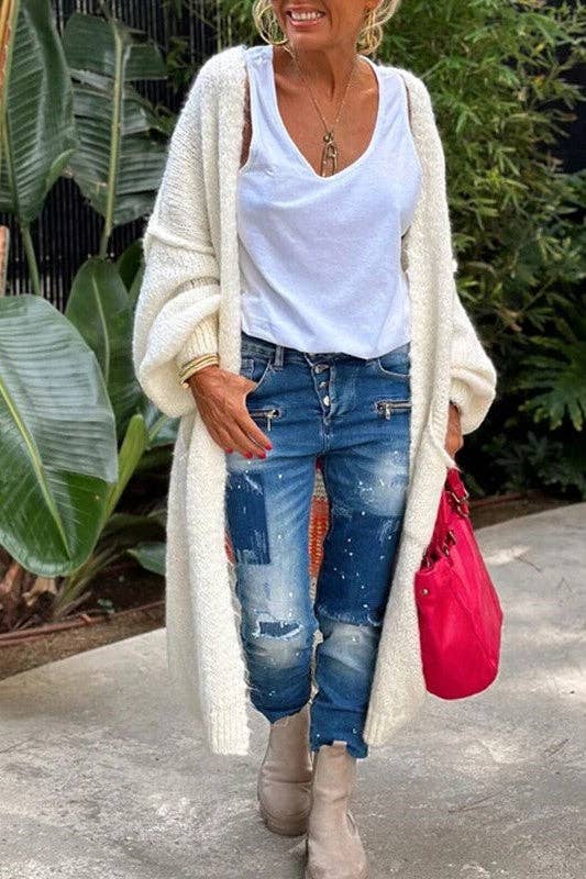 Love & Peace Exposed Seam Knit Sweater Long Cardigan-Blue Hand Home