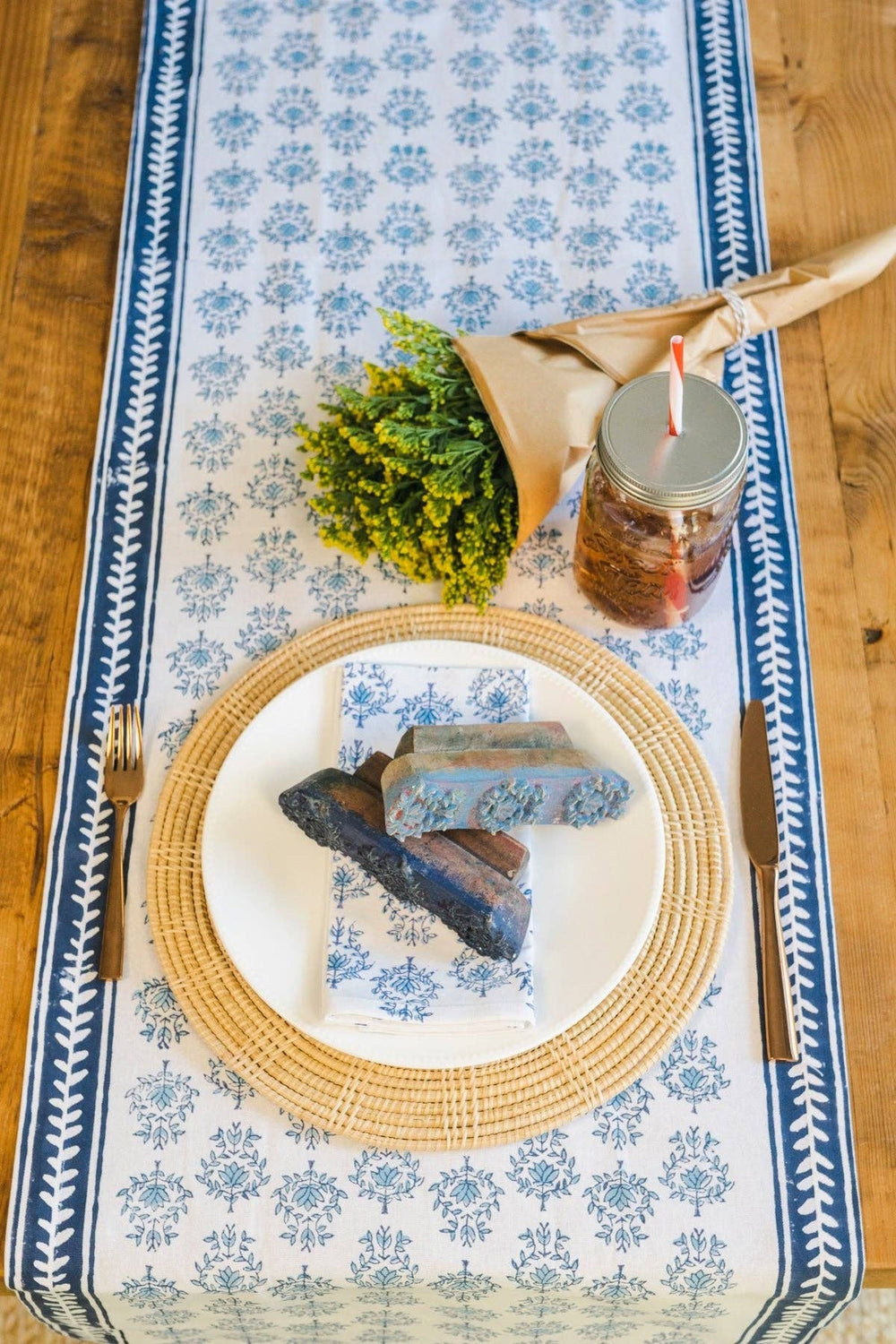 Table Runner - Lotus, Uniform Blue & Navy-Blue Hand Home