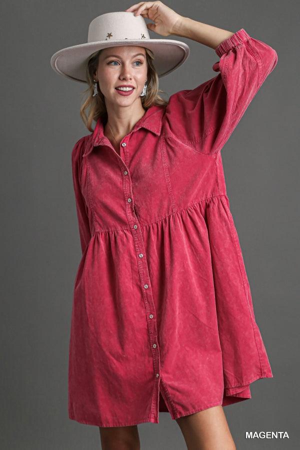 Button Down Corduroy Dress with Mineral Wash
