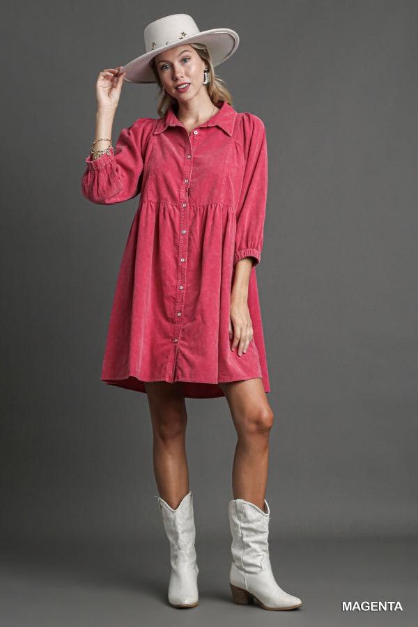 Button Down Corduroy Dress with Mineral Wash