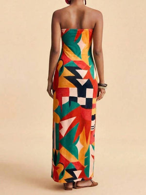 Tropical Floral Print Strapless Maxi Dress Tube Dress-Blue Hand Home