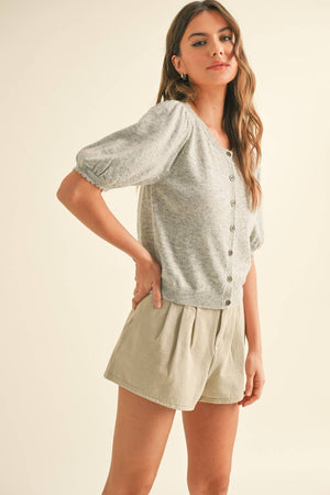J5056 PUFF SHORT SLEEVE BUTTON DOWN KNIT CARDIGAN-Blue Hand Home