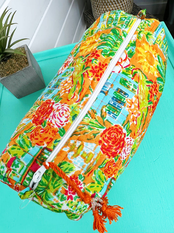 Quilted Cosmetics Makeup Bag - Orange Southern Town Print-Blue Hand Home