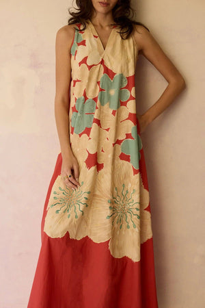 Hibiscus Anaar Soft Drape Maxi Dress - Coral-Blue Hand Home