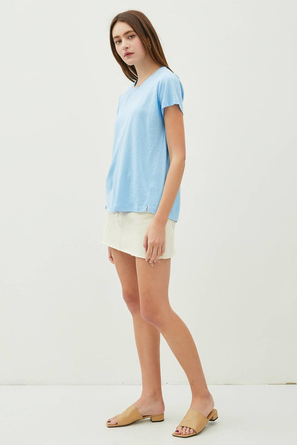 Classic Round Neck Split Hem T-Shirt-Blue Hand Home
