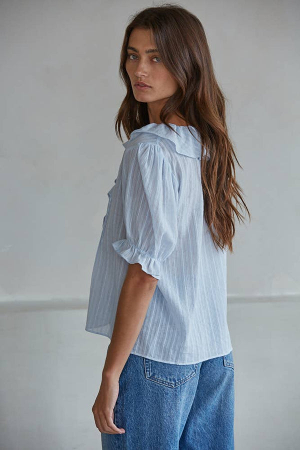 L8439 | Woven Cotton Buttondown V-Neck Short Sleeve Top
